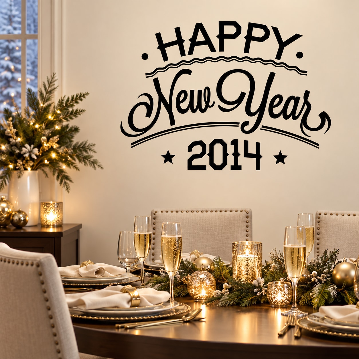 Happy New Year 2014 typography wall decal with bold "HAPPY" and "New Years" script