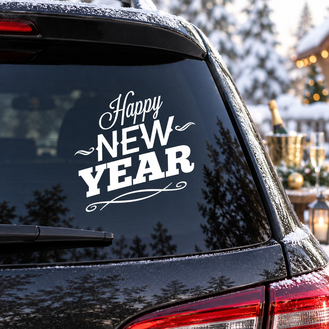 Happy New Years slant style decal with white Happy NEW YEAR lettering on car window