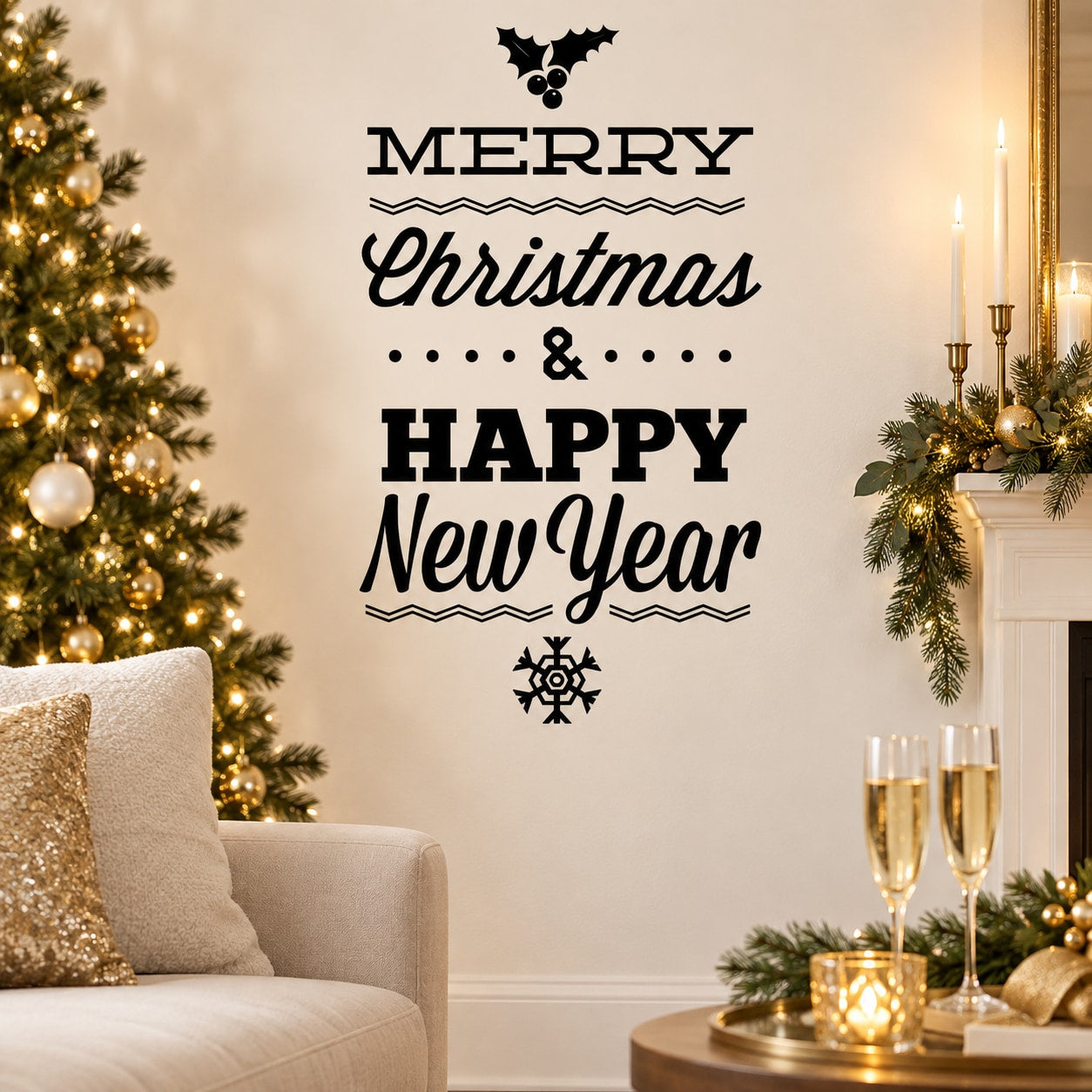 Holiday wall decal: Merry Christmas & Happy New Year with ornament icons