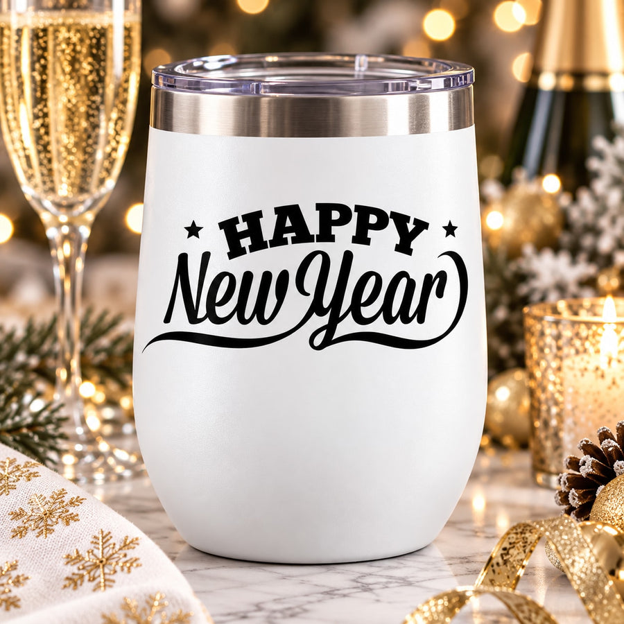 Happy New Years Ribbon Underline Style Decal — illustrative vinyl decal application mockup. Surrounding objects are not included.