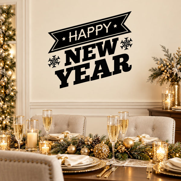 Happy New Years Snowflake Decal — illustrative vinyl decal application mockup. Surrounding objects are not included.