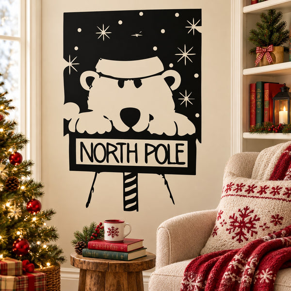 North Pole bear decal, black and white square design with hat and text