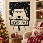 North Pole bear decal, black and white square design with hat and text