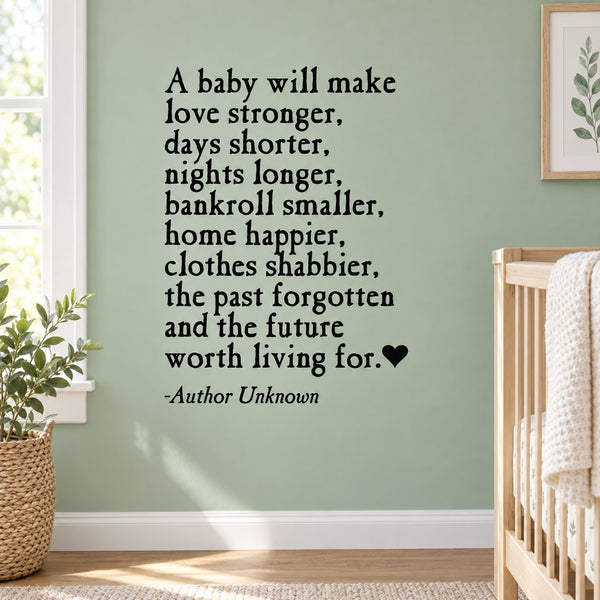 Wall decal quote with heart icon: “A baby will make love stronger”