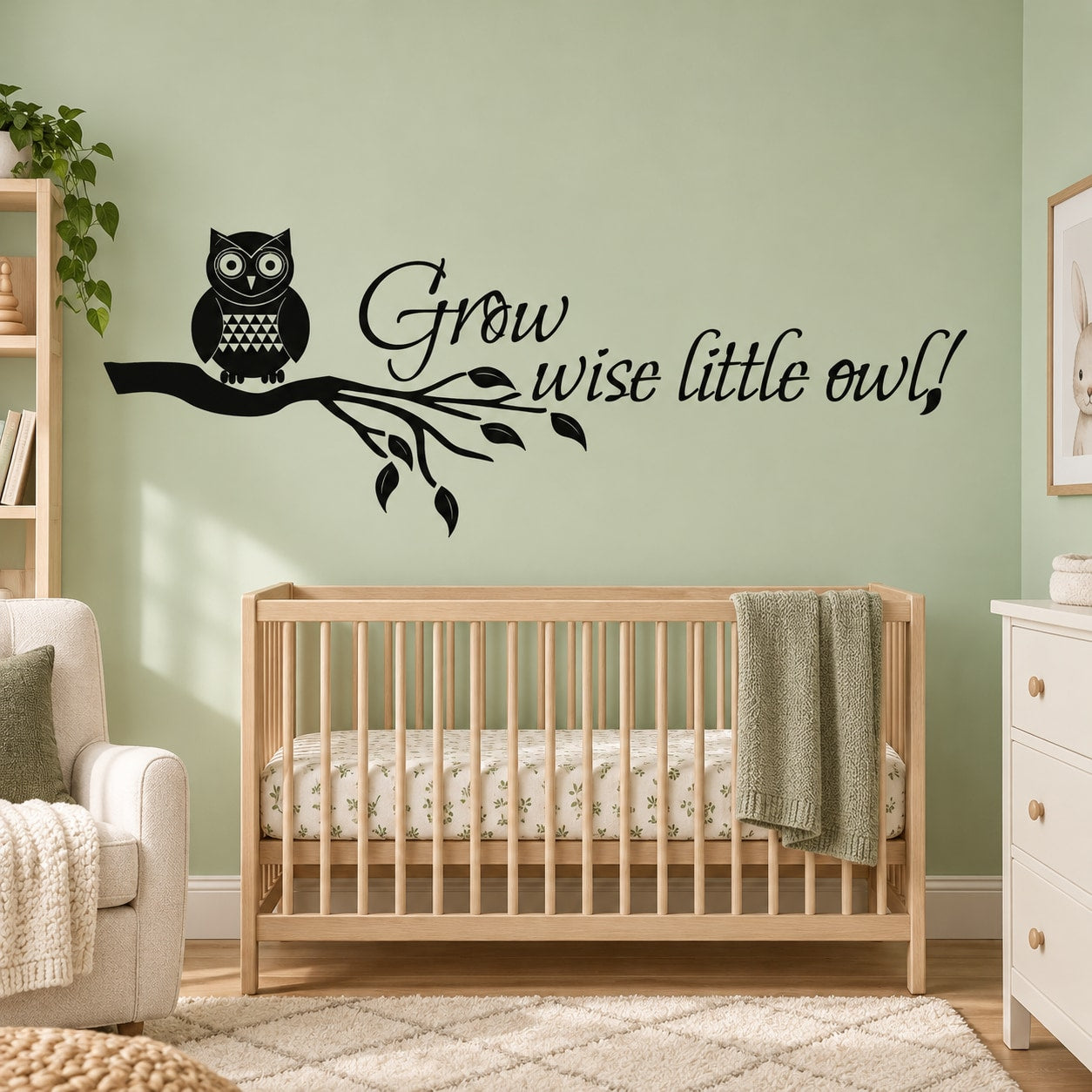 Black little owl wall decal with branch and 'Grow wise little owl!'