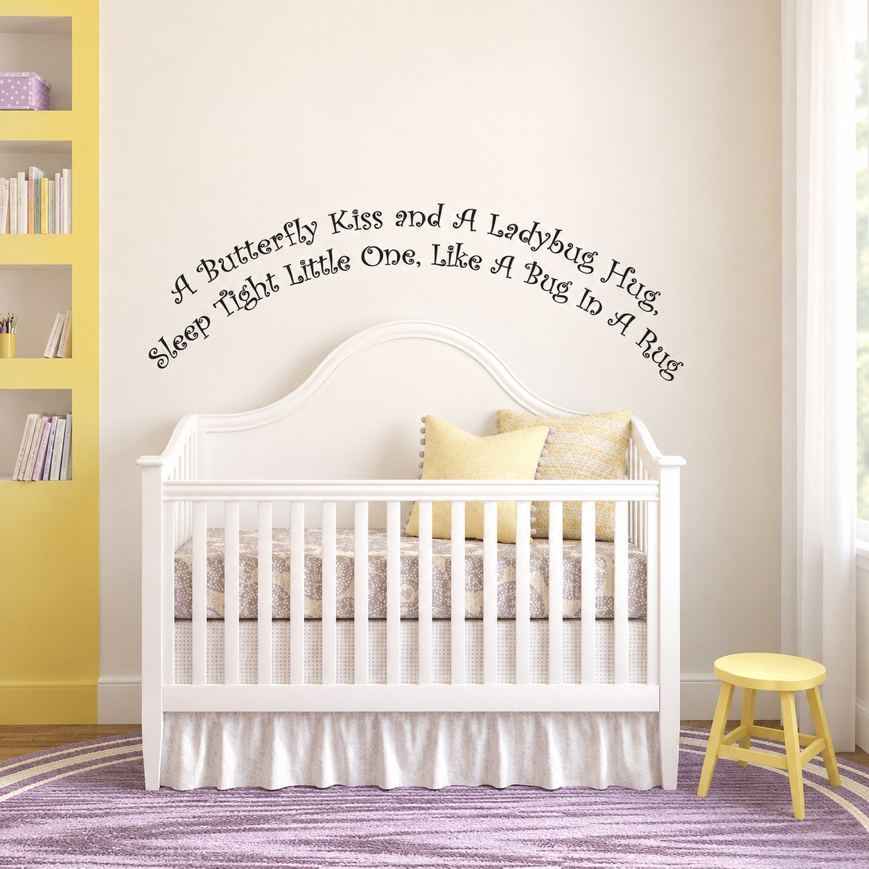 Nursery wall decal with arched text and small butterfly and ladybug illustrations