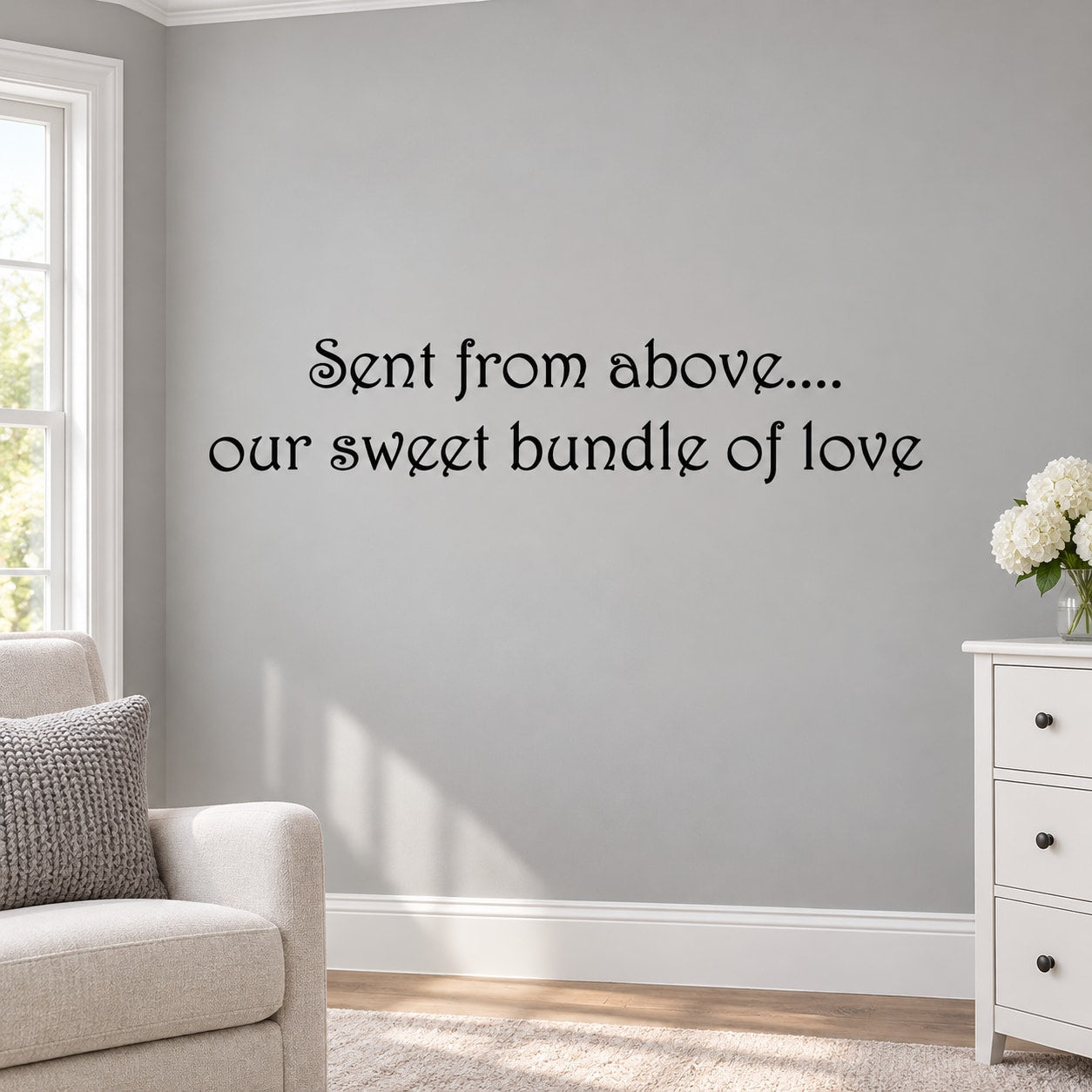 Wall decal text: "Sent from above... our sweet bundle of love"
