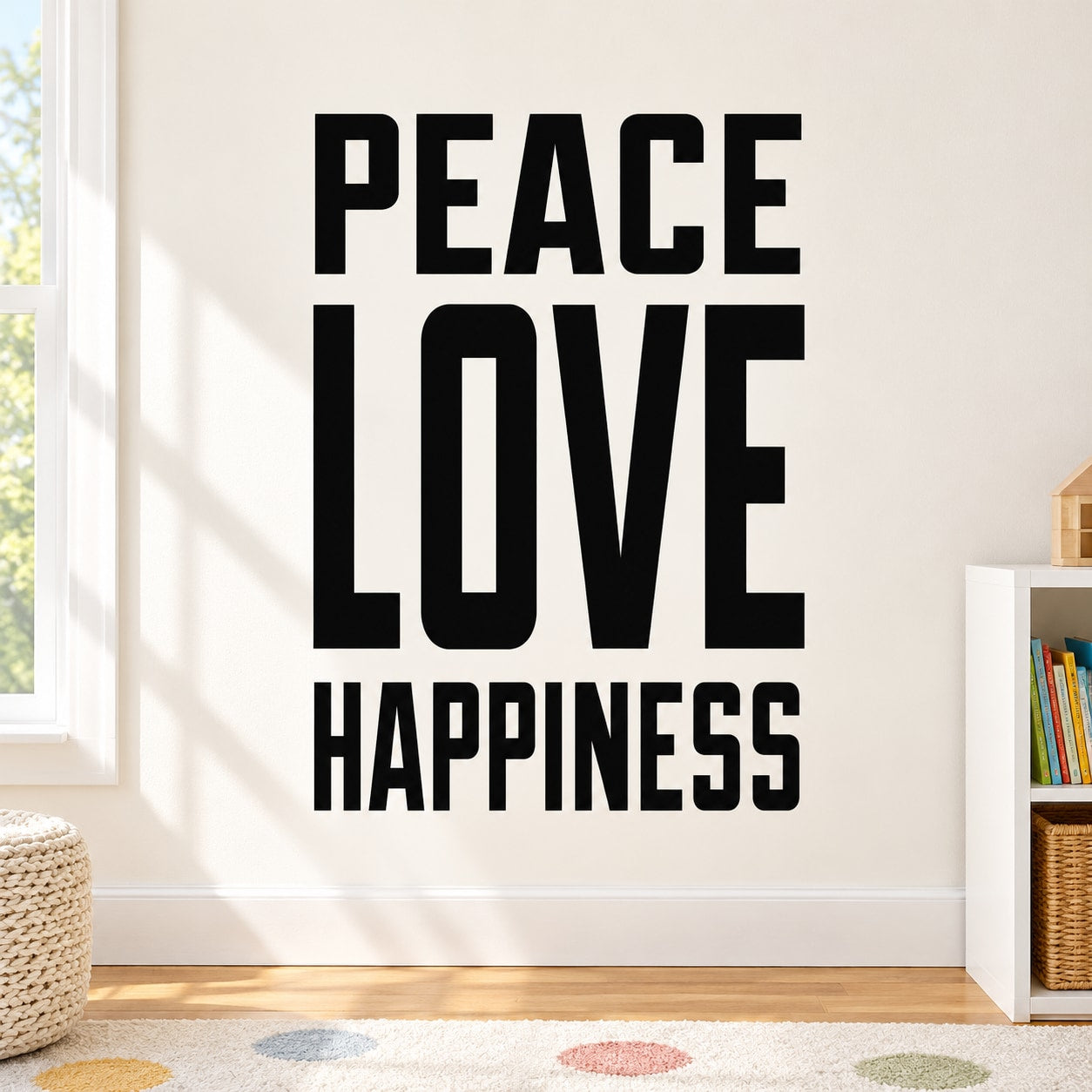 Black wall decal with stacked words: PEACE, LOVE, HAPPINESS