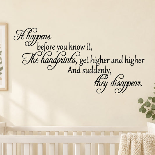 Wall decal with script quote and handprints, black lettering