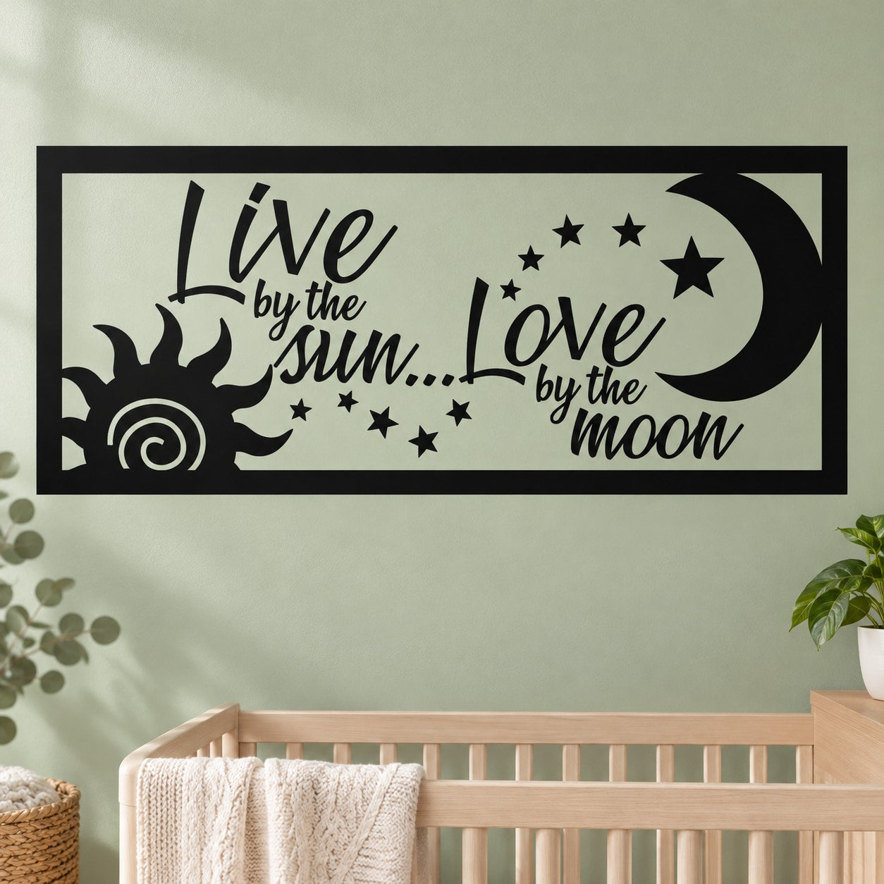 Sun and moon wall decal with starry text, black and white