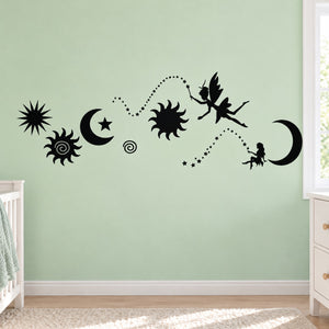 Flying fairies wall decal with black fairy, moon, star and swirl silhouettes