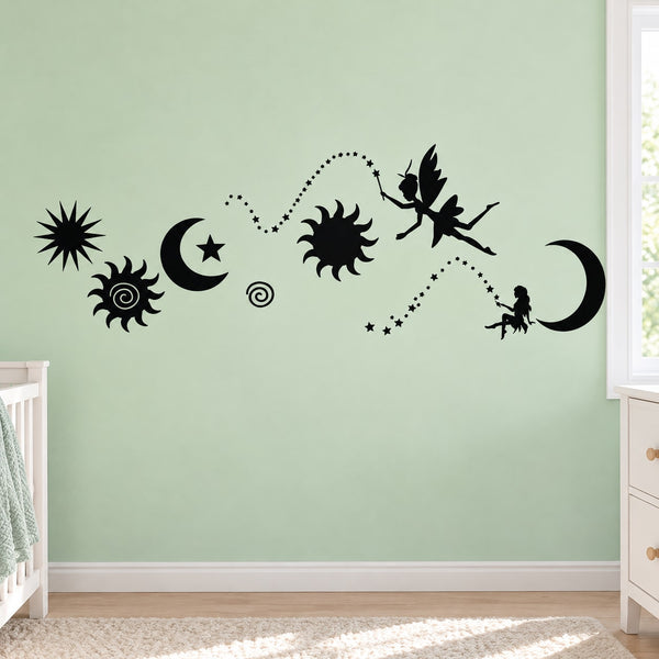 Flying fairies wall decal with black fairy, moon, star and swirl silhouettes