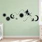 Flying fairies wall decal with black fairy, moon, star and swirl silhouettes