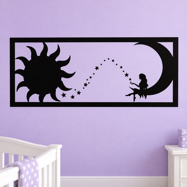 Fairy and moon wall decal, black silhouette with stars in rectangular border.