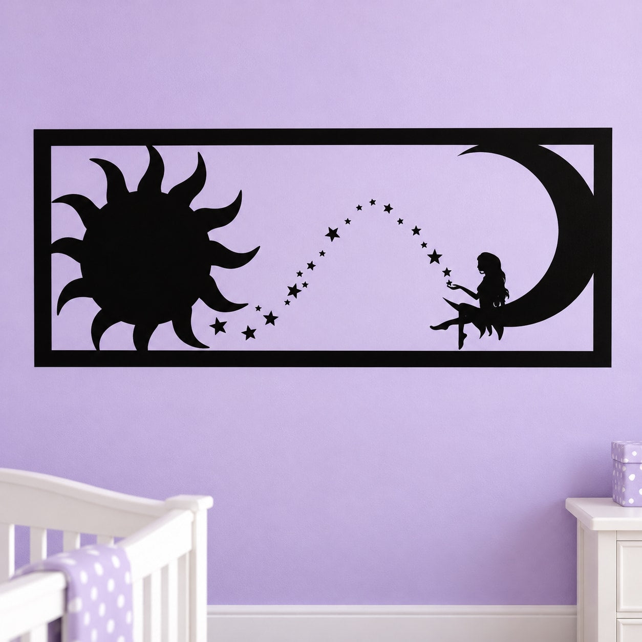 Fairy and moon wall decal, black silhouette with stars in rectangular border.