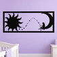 Fairy and moon wall decal, black silhouette with stars in rectangular border.