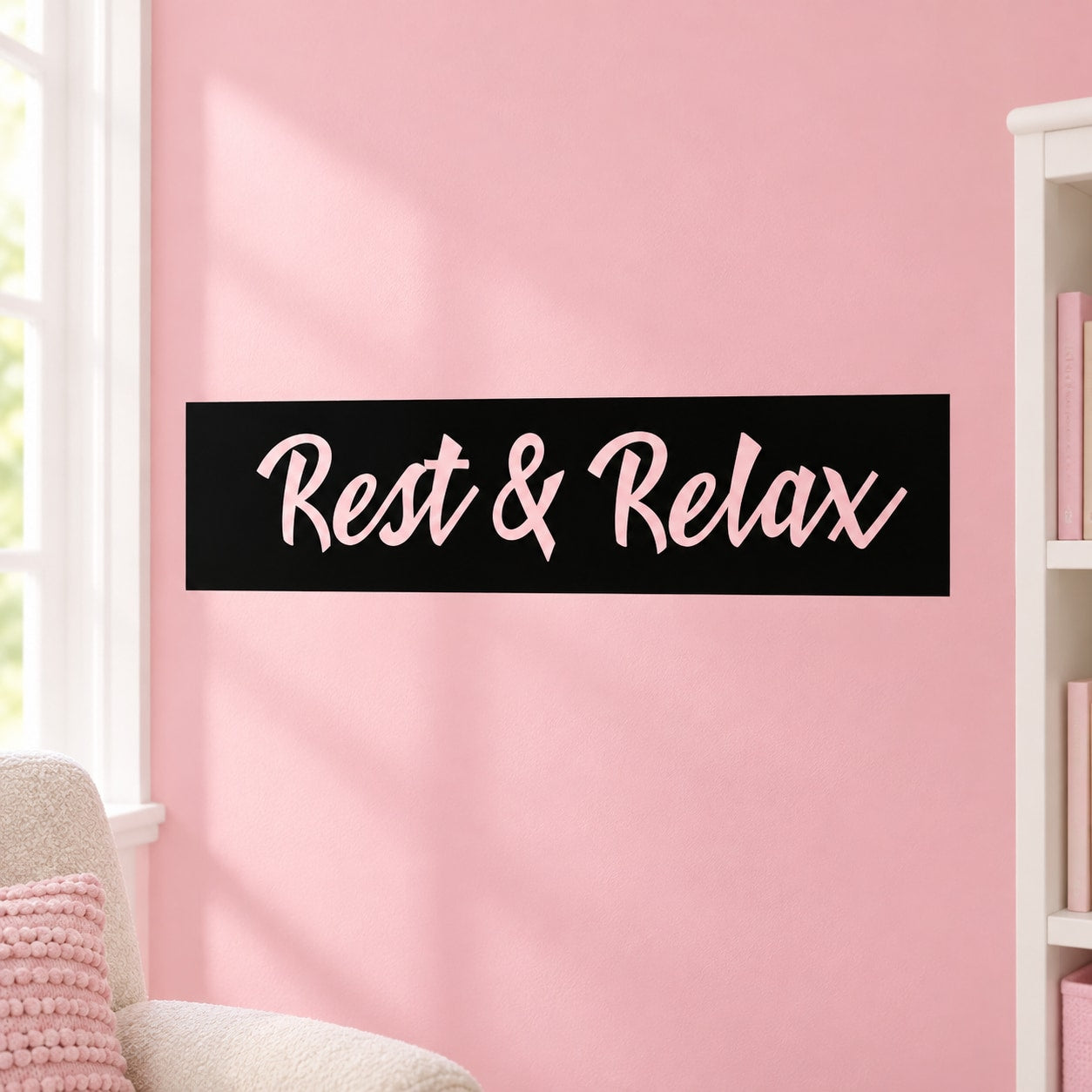 Wall decal with black rectangle and cursive “Rest & Relax” text