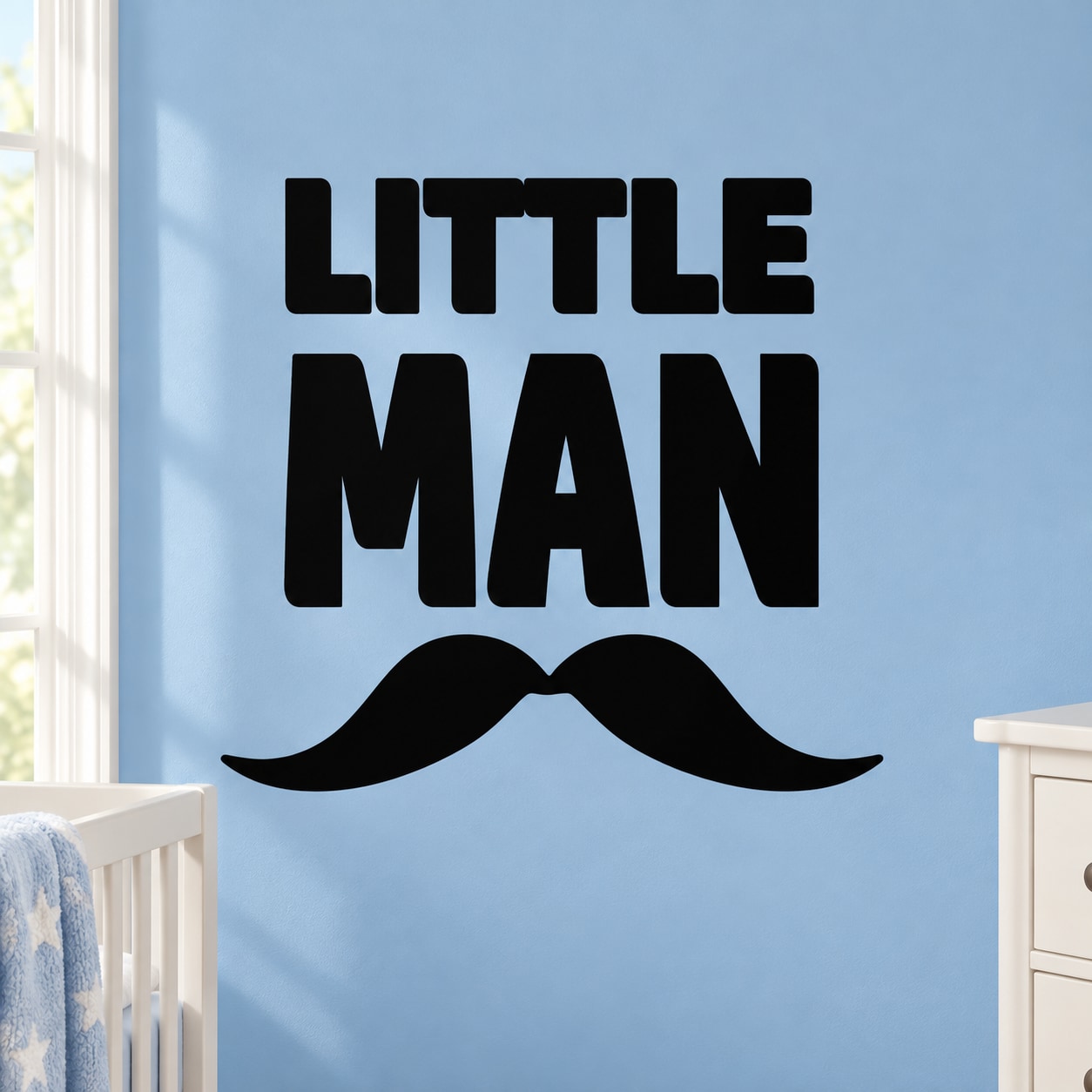 Little Man wall decal with "LITTLE MAN" text and a black mustache