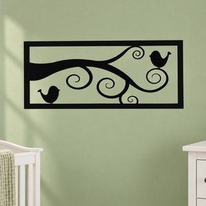 Birds on a branch wall decal, black silhouette in a rectangle