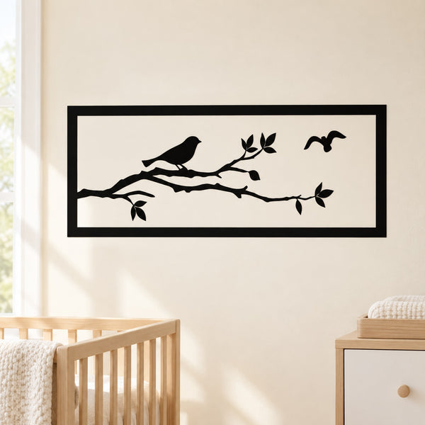 Black tree branch and bird wall decal with small leaves and butterfly accents