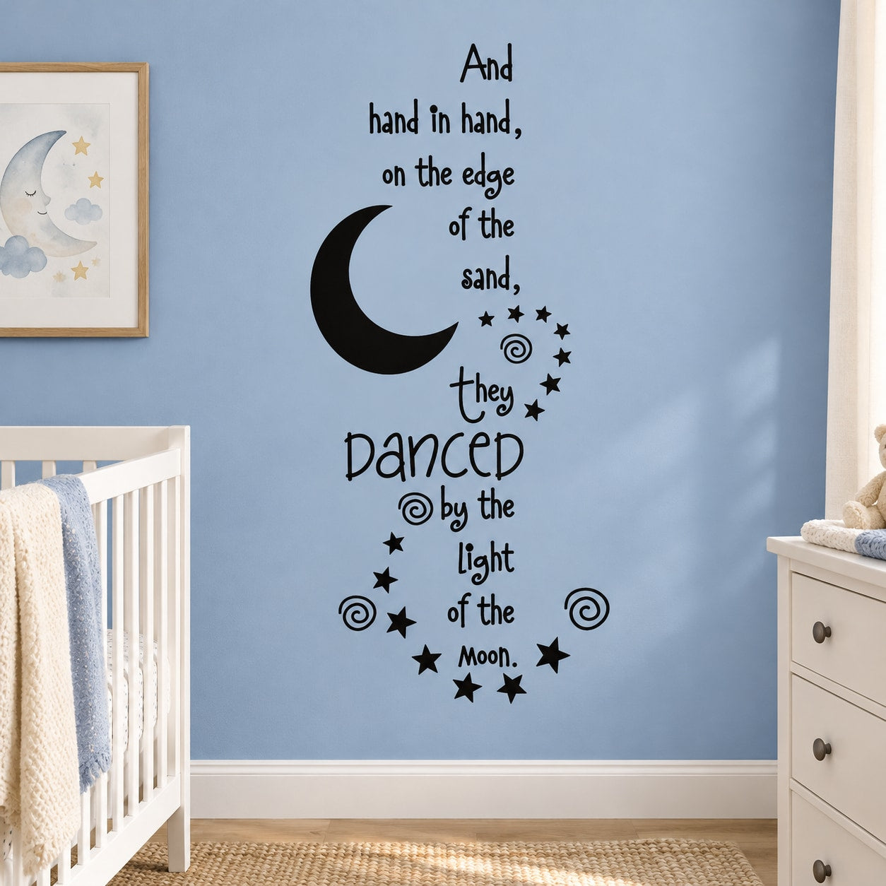 Nursery wall decal with black crescent moon, stars, and cursive dance text