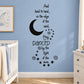 Nursery wall decal with black crescent moon, stars, and cursive dance text