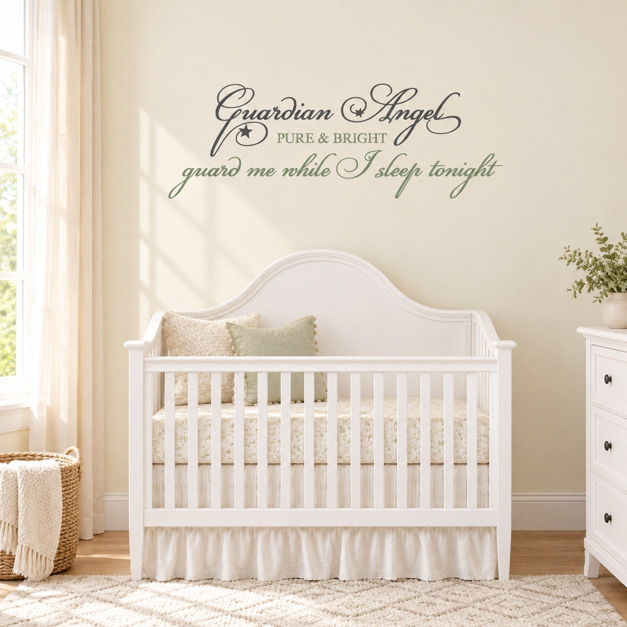 Wall decal with Guardian Angel script and 'guide me while I sleep tonight'