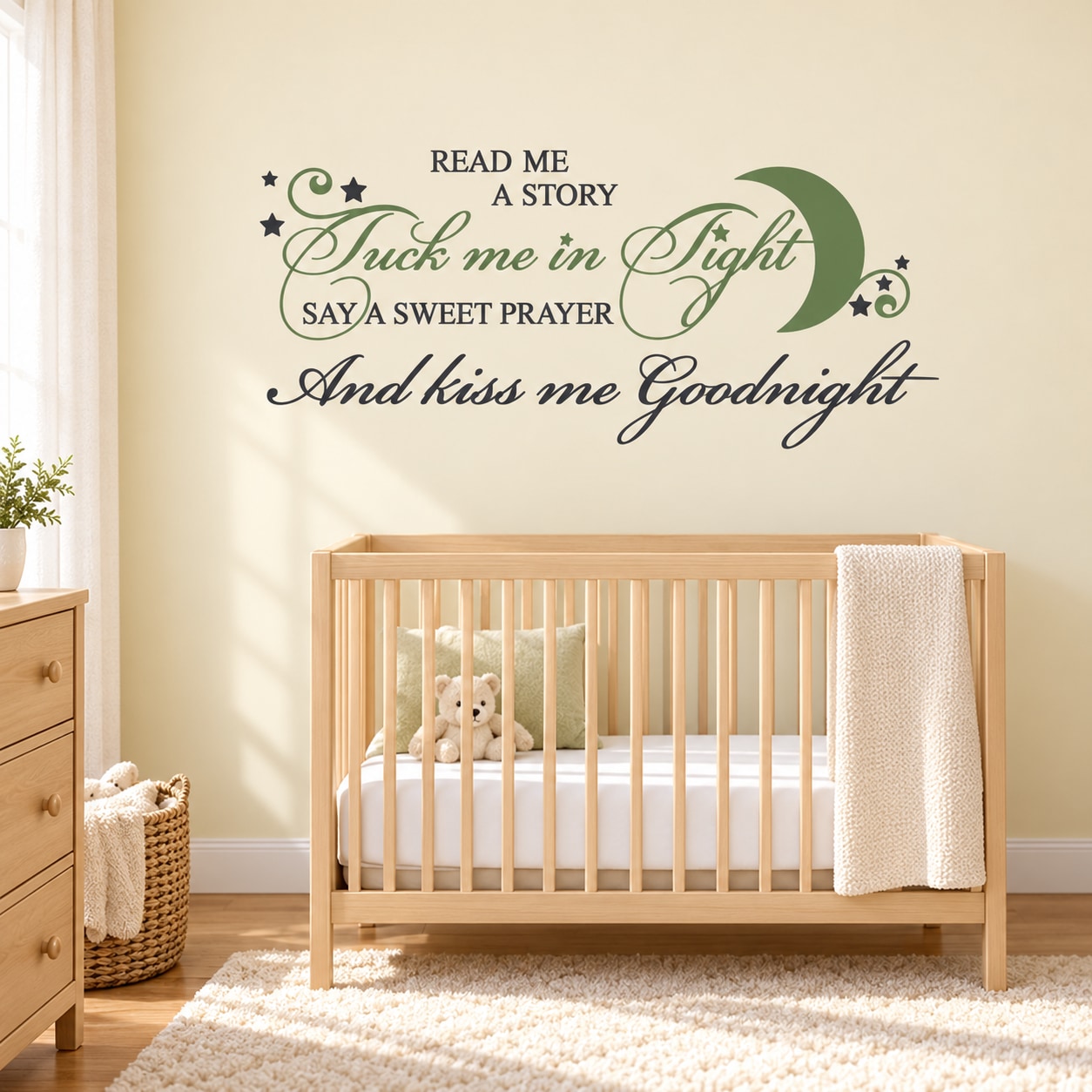 Printed die-cut wall decal with bedtime quote, moon and star motifs