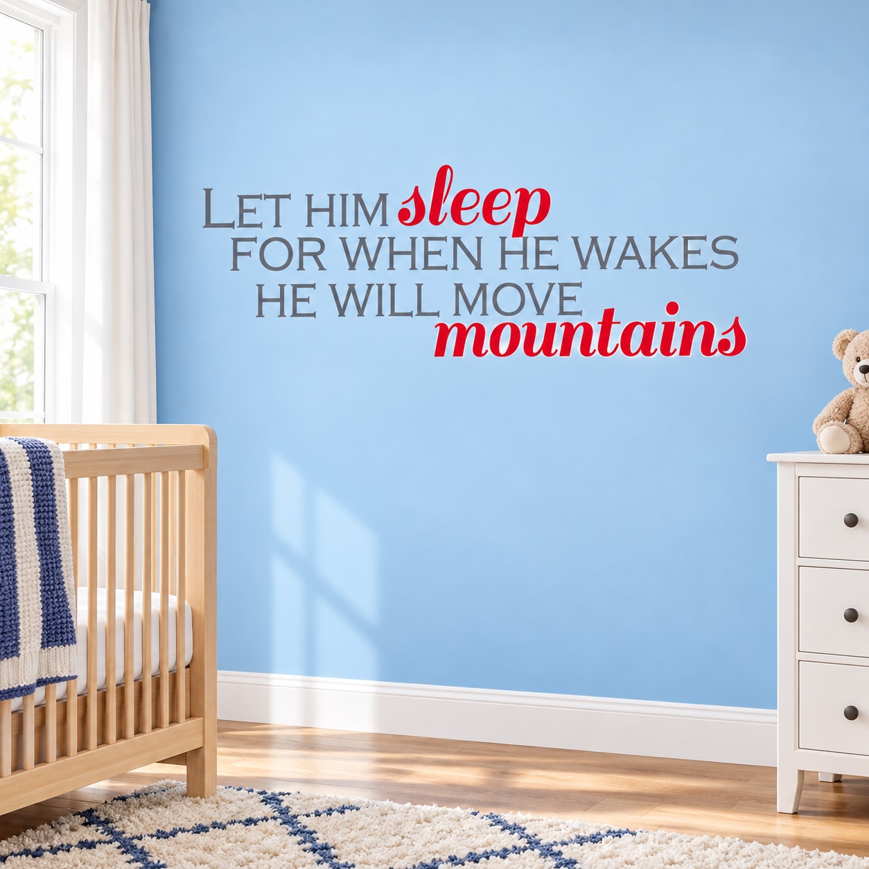 Printed die-cut wall decal with 'Let Him sleep' and 'move mountains' text