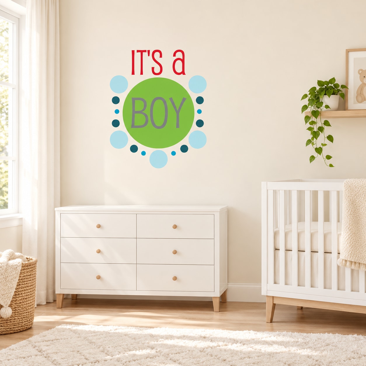 Boy nursery wall decal: 'IT'S a BOY' in blue circle with dot border