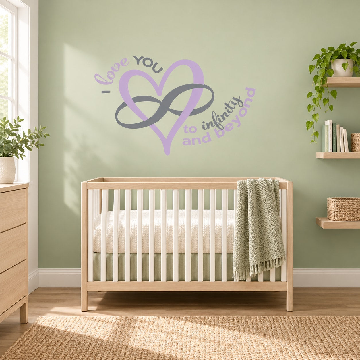 Wall decal with purple heart infinity symbol and 'Love you to infinity and beyond' text
