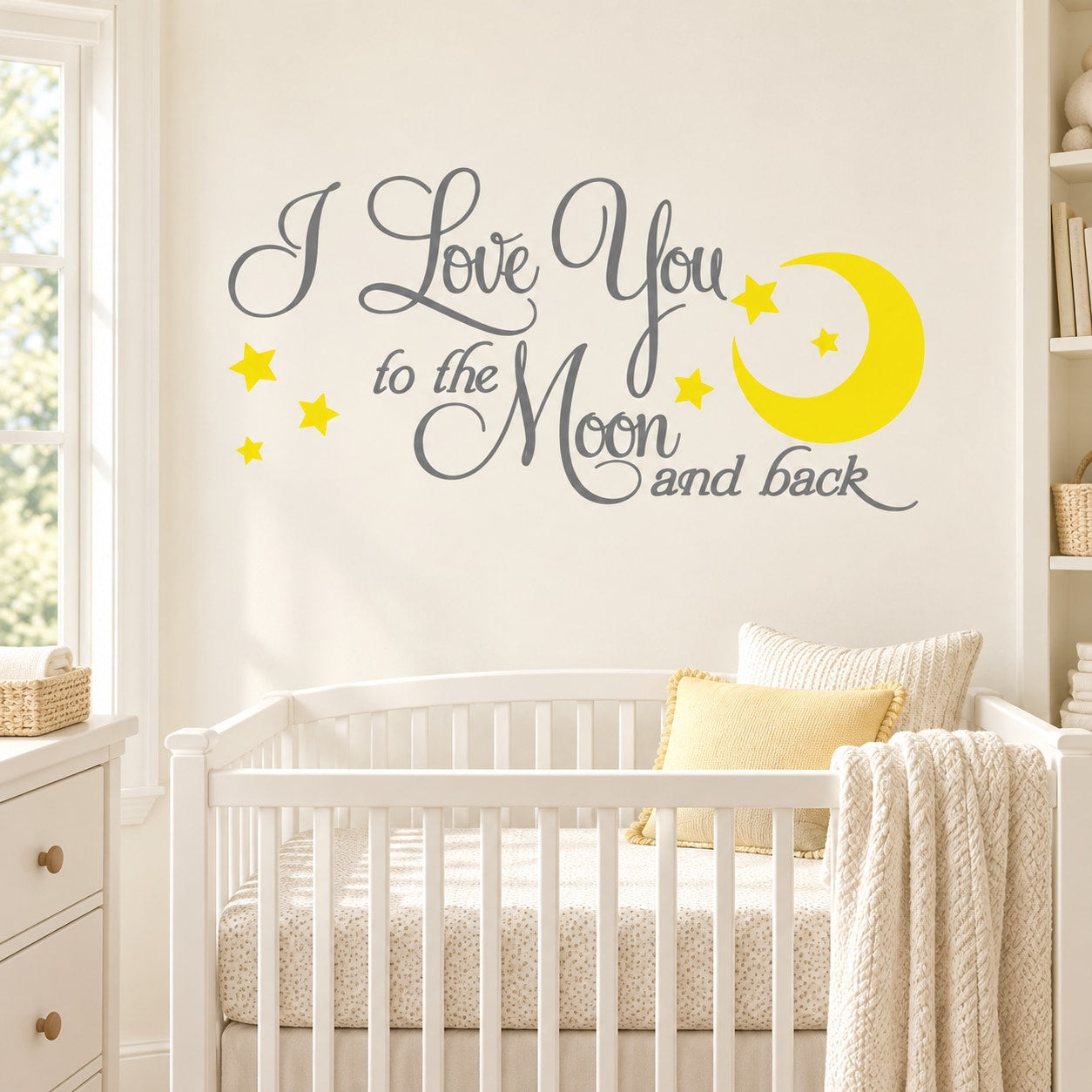 Inspirational wall decal with 'I Love You To the Moon and Back' text and yellow moon