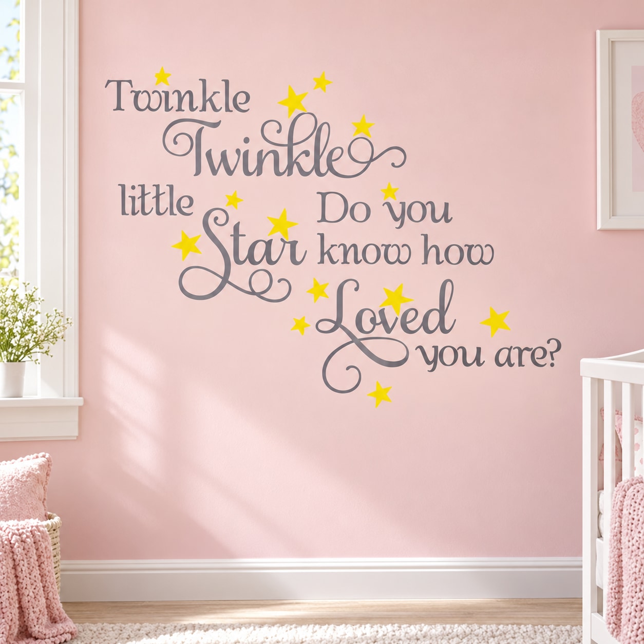 Starry die-cut wall decal with gold sparkles and cursive quote text: Twinkle Twinkle