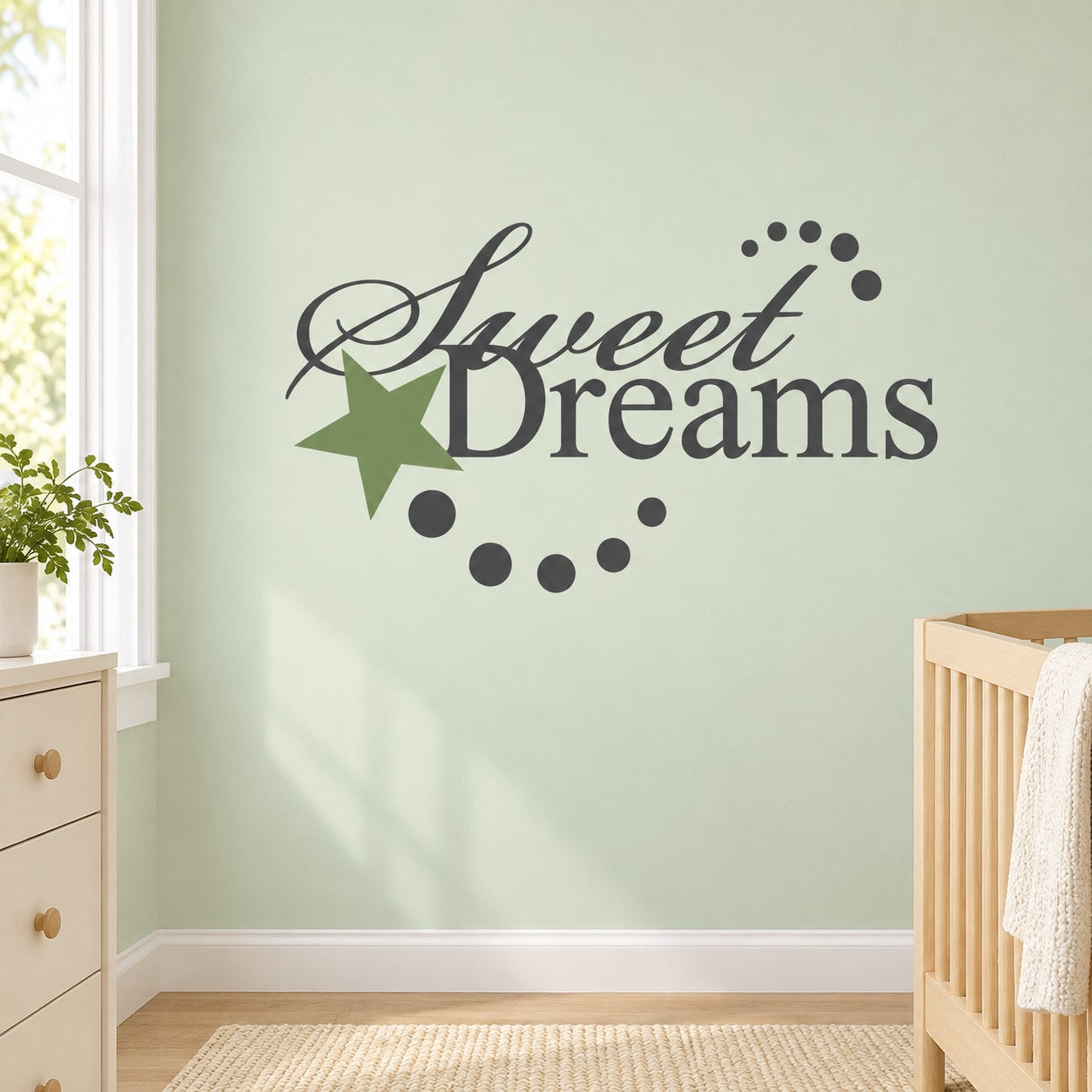 Sweet Dreams printed die-cut wall decal with script lettering and dot wreath