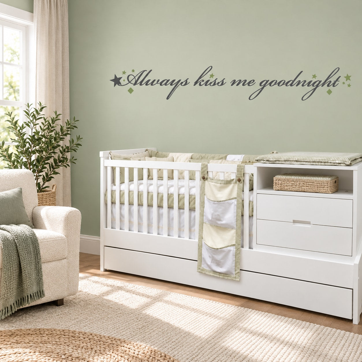 Starry wall decal with cursive text: "Always kiss me goodnight".