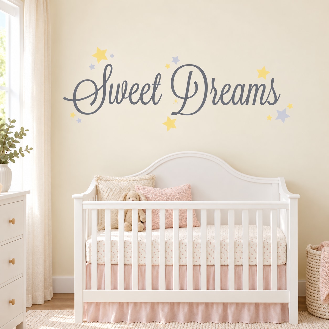Sweet Dreams printed die-cut wall decal, cursive script with small star accents