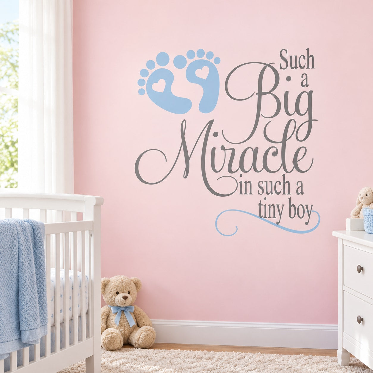 Nursery wall decal with blue footprints and 'Such a Big Miracle' quote for a boy