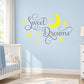 Sweet Dreams wall decal with yellow moon and star accents on gray lettering