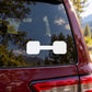 White dumbbell-shaped obedience decal on car rear window