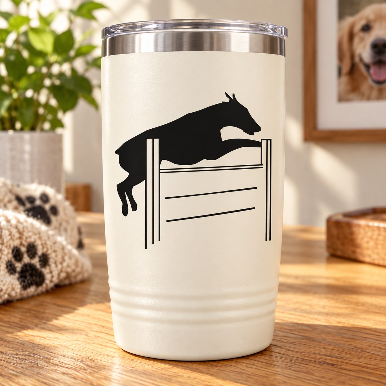 High-jump dog decal with black jumping silhouette over fence-like bars and lines