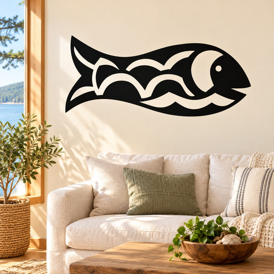 Black stylized fish wall decal with fin and eye detail