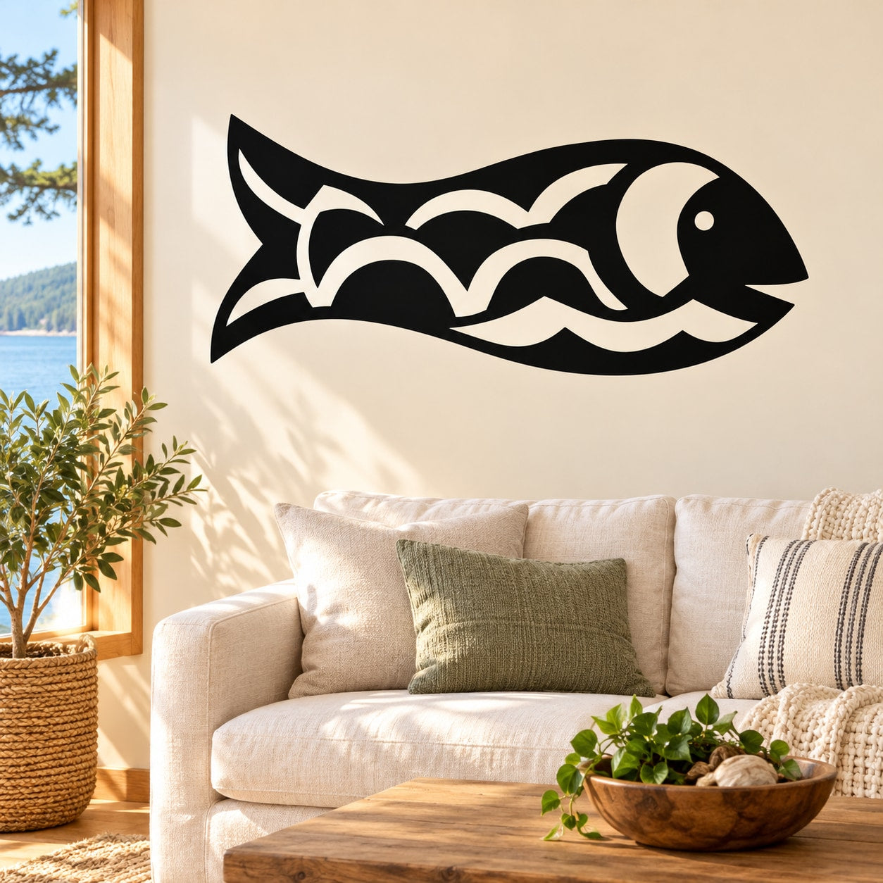 Black stylized fish wall decal with fin and eye detail