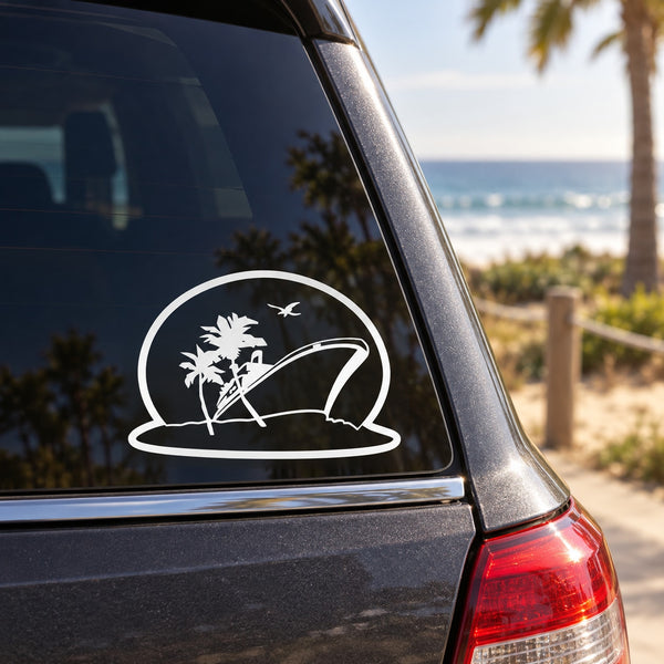 Vinyl car window decal with white circular line-art palm tree and surf scene