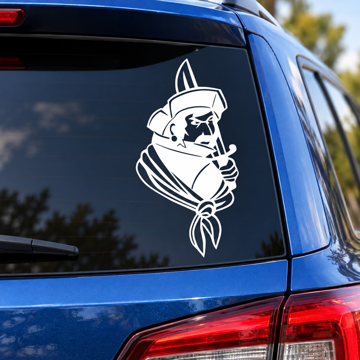 Pirate with sword vinyl decal, white outline graphic on car window