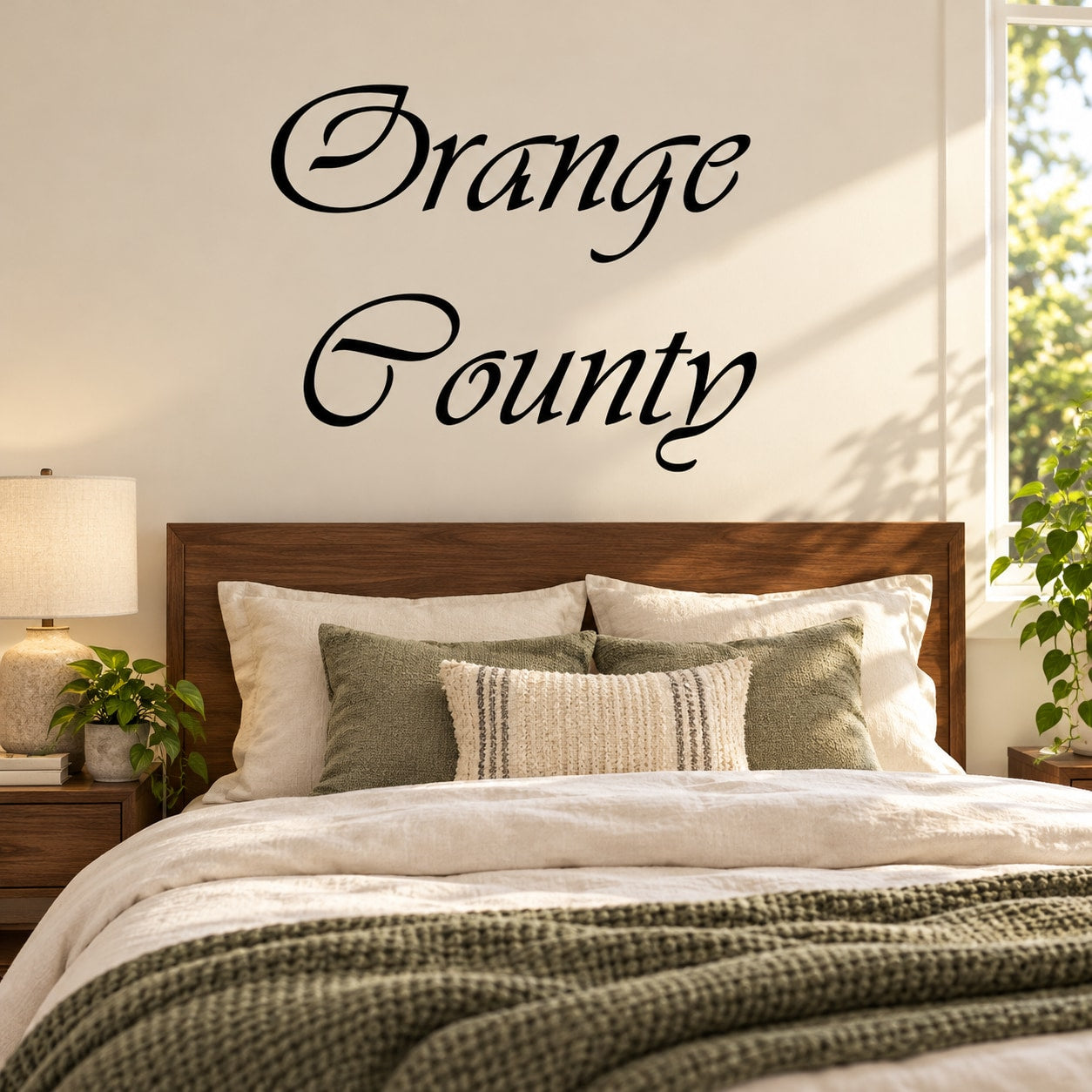 Cursive vinyl decal with “Orange County” lettering in black