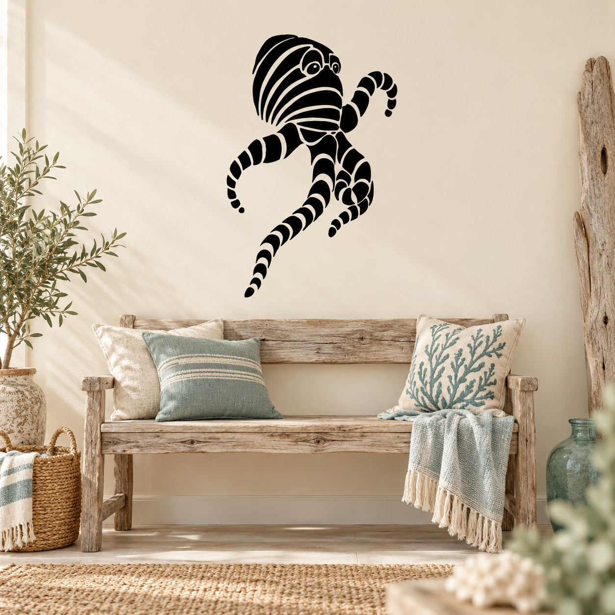 Octopus wall decal with wrapped tentacles in black line art