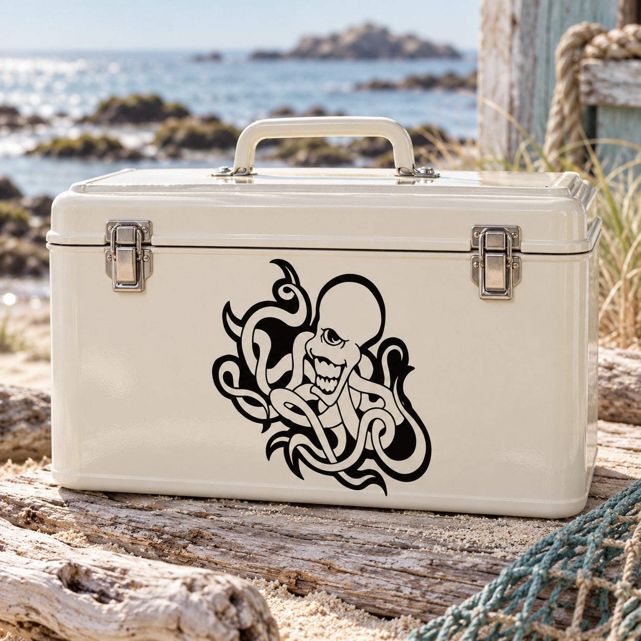 Smiling octopus decal, black graphic on light storage case