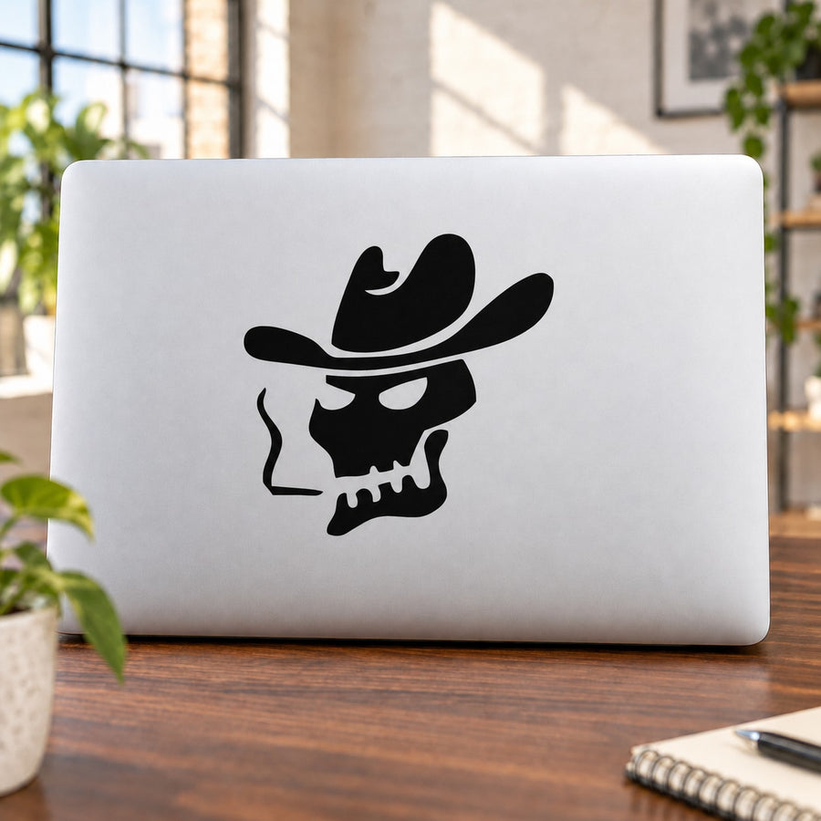 Skull decal with black hat design on white backing