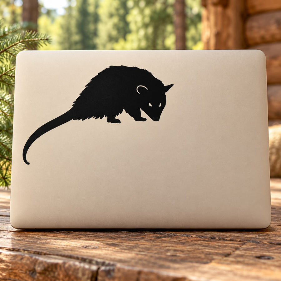 Black standing opossum vinyl decal on rectangular backing card