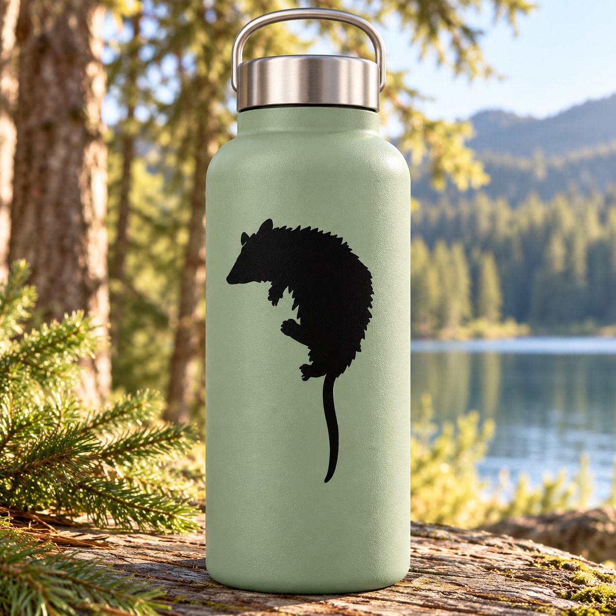 Black opossum climbing silhouette decal on mint water bottle